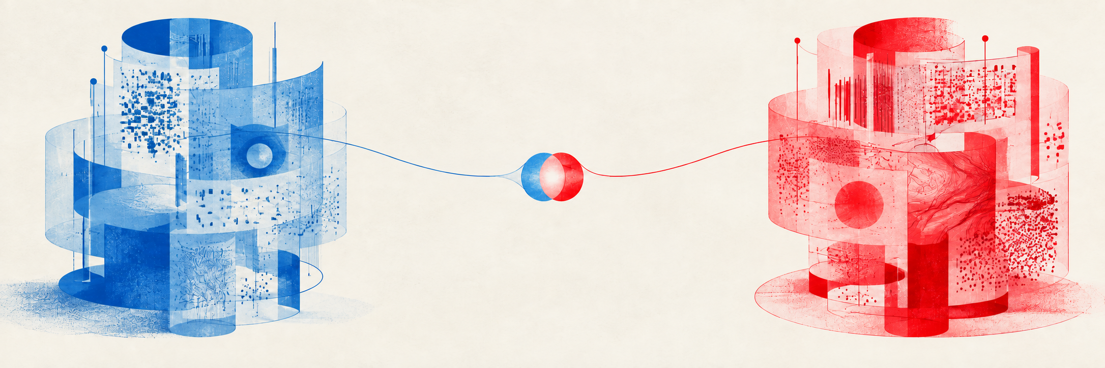 Blue and red machines keep their intricate internal worlds separate while sharing a small connection.